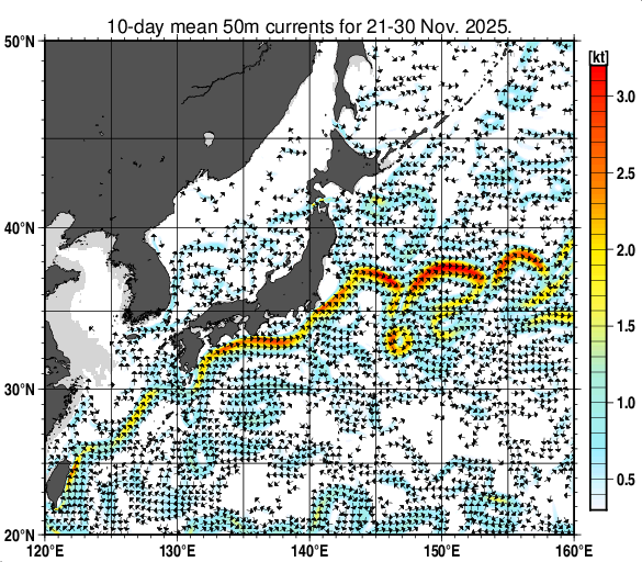 日本近海の深さ50mの旬平均海流分布図（2025年11月下旬）