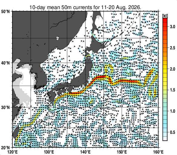 日本近海の深さ50mの旬平均海流分布図（2026年8月中旬）