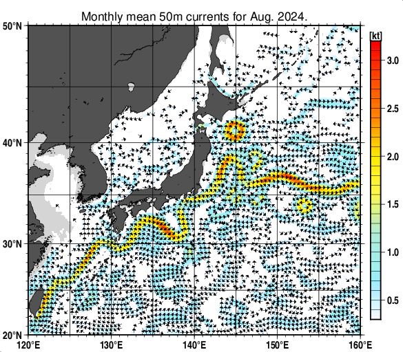 日本近海の深さ50mの月平均海流分布図（2024年8月）