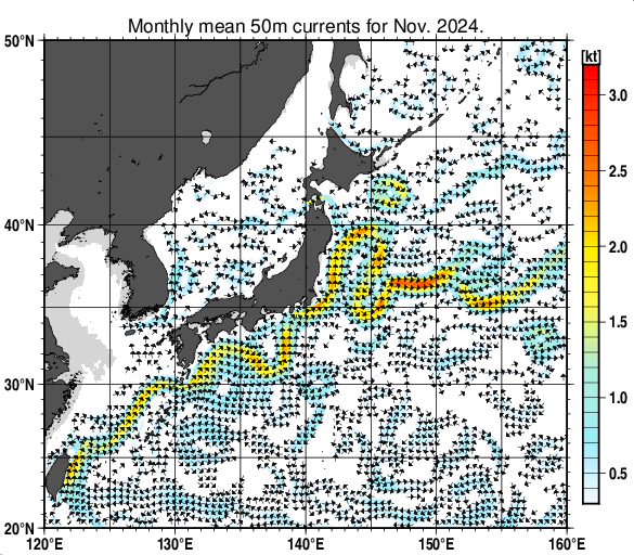 日本近海の深さ50mの月平均海流分布図（2024年11月）