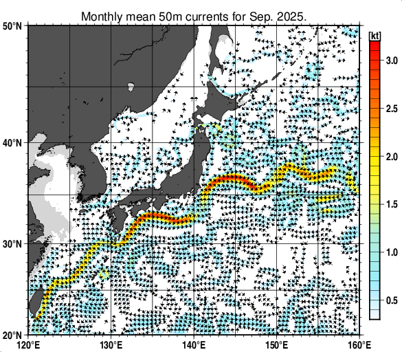 日本近海の深さ50mの月平均海流分布図(2025年9月)