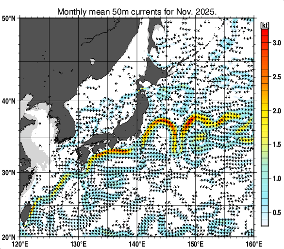 日本近海の深さ50mの月平均海流分布図（2025年11月）