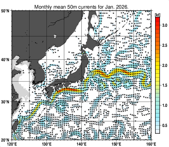 日本近海の深さ50mの月平均海流分布図（2026年1月）