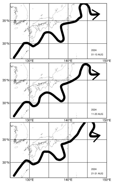 旬別黒潮流軸図（上段：2024年8月上旬、中段：8月中旬、下段：8月下旬）