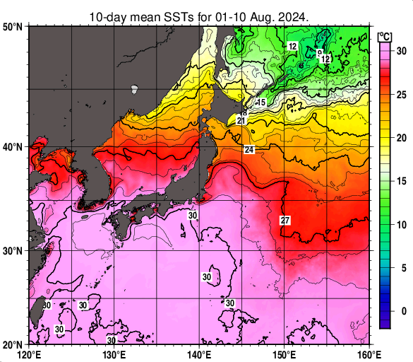 日本近海の旬平均海面水温分布図（2024年8月上旬）