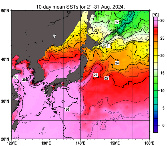 日本近海の旬平均海面水温分布図（2024年8月下旬）