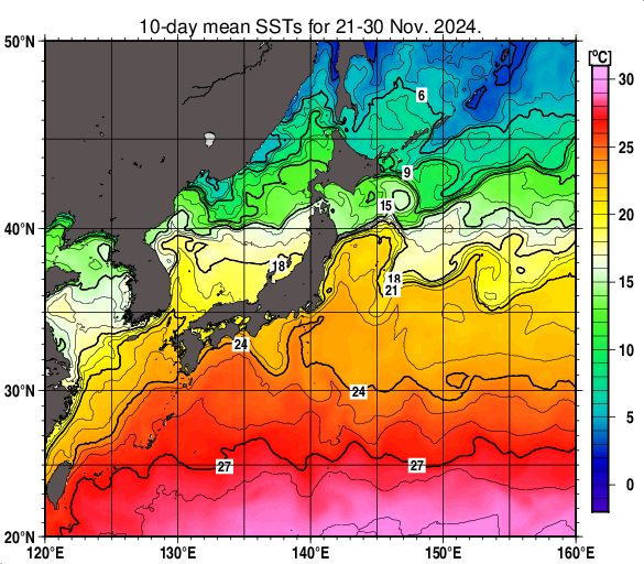 日本近海の旬平均海面水温分布図（2024年11月下旬）