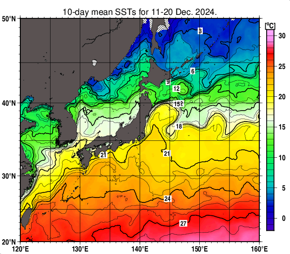 日本近海の旬平均海面水温分布図（2024年12月中旬）