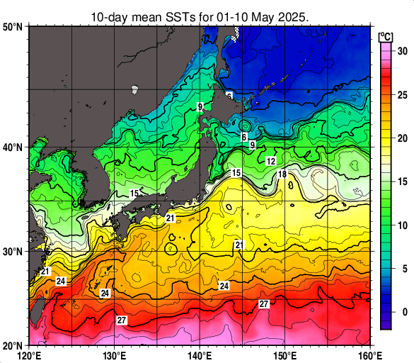 日本近海の旬平均海面水温分布図（2025年5月上旬）
