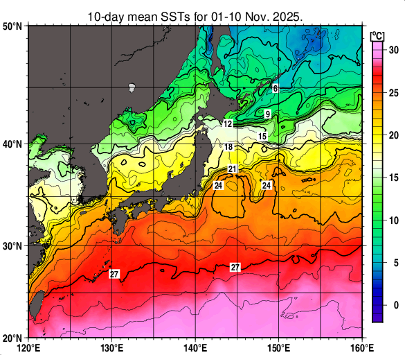 日本近海の旬平均海面水温分布図（2025年11月上旬）