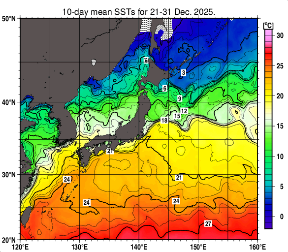 日本近海の旬平均海面水温分布図（2025年12月下旬）