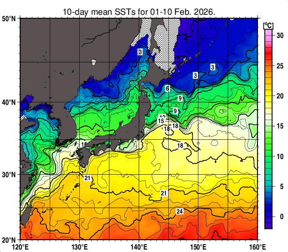 日本近海の旬平均海面水温分布図（2026年2月上旬）