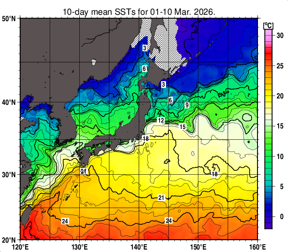 日本近海の旬平均海面水温分布図（2026年3月上旬）