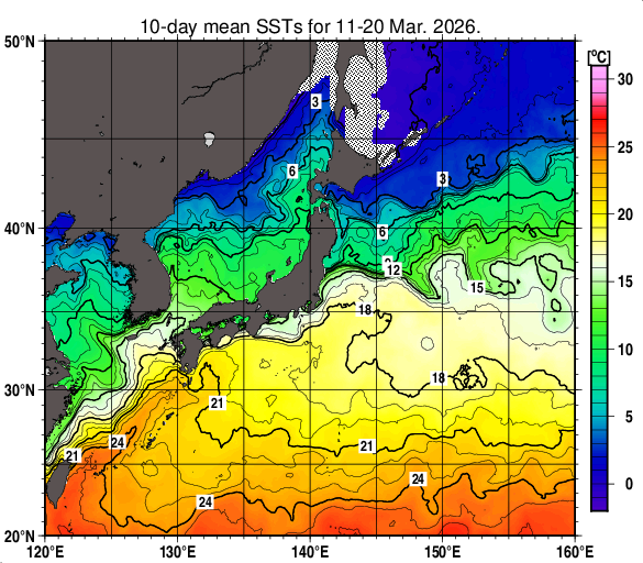 日本近海の旬平均海面水温分布図（2026年3月中旬）