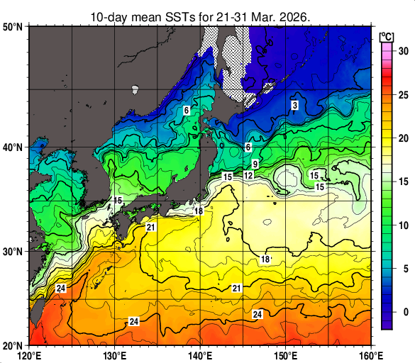 日本近海の旬平均海面水温分布図（2026年3月下旬）