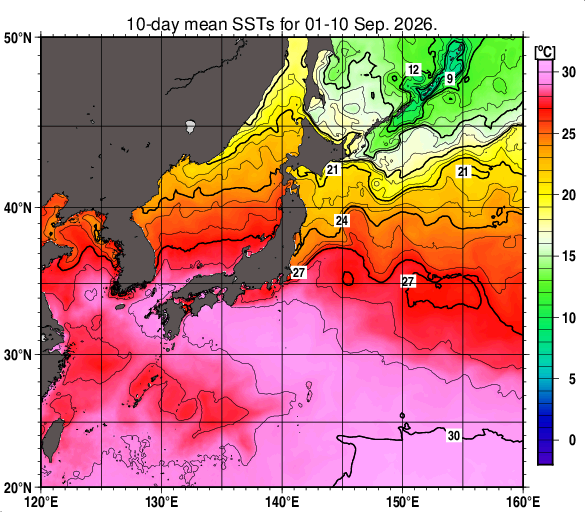 日本近海の旬平均海面水温分布図（2026年9月上旬）