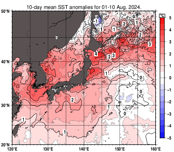 日本近海の旬平均海面水温平年差分布図（2024年8月上旬）