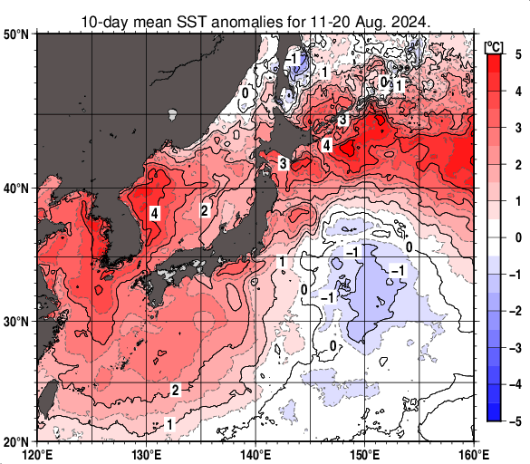 日本近海の旬平均海面水温平年差分布図（2024年8月中旬）