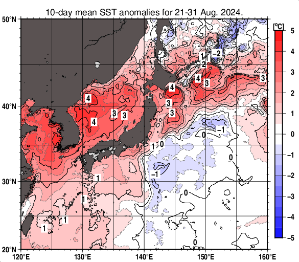 日本近海の旬平均海面水温平年差分布図（2024年8月下旬）