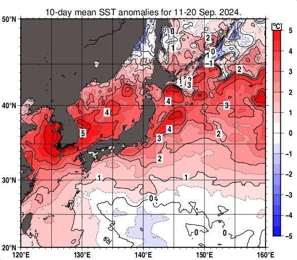 日本近海の旬平均海面水温平年差分布図（2024年9月中旬）