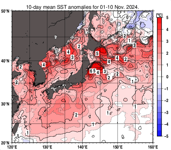 日本近海の旬平均海面水温平年差分布図（2024年11月上旬）