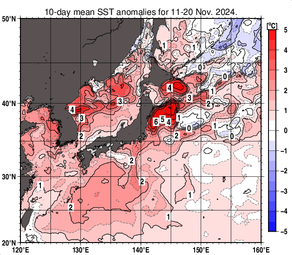 日本近海の旬平均海面水温平年差分布図（2024年11月中旬）