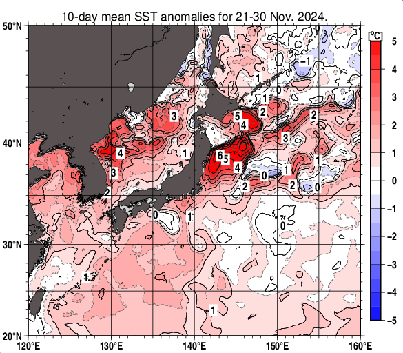 日本近海の旬平均海面水温平年差分布図（2024年11月下旬）