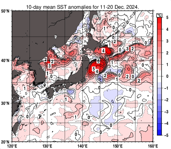 日本近海の旬平均海面水温平年差分布図（2024年12月中旬）