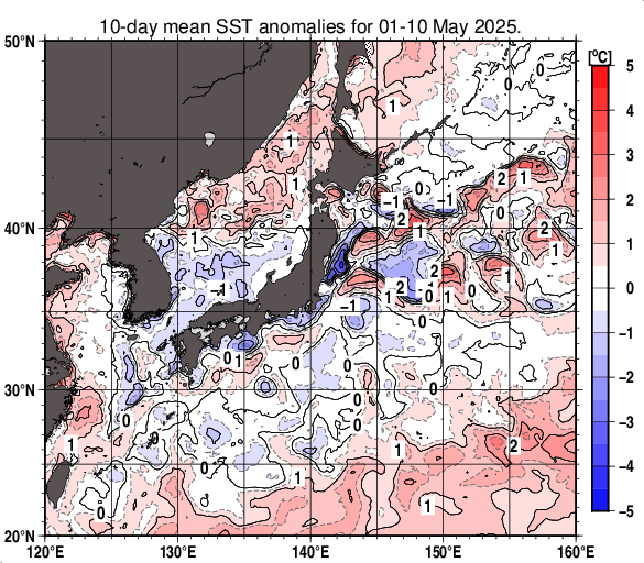 日本近海の旬平均海面水温平年差分布図（2025年5月上旬）
