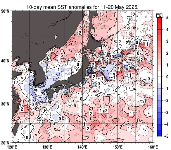 日本近海の旬平均海面水温平年差分布図（2025年5月中旬）