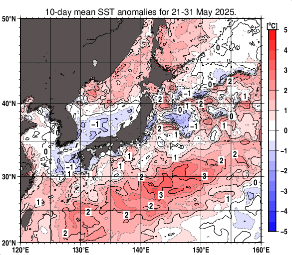 日本近海の旬平均海面水温平年差分布図（2025年5月下旬）