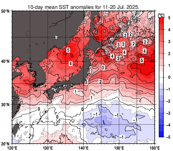 日本近海の旬平均海面水温平年差分布図（2025年7月中旬）