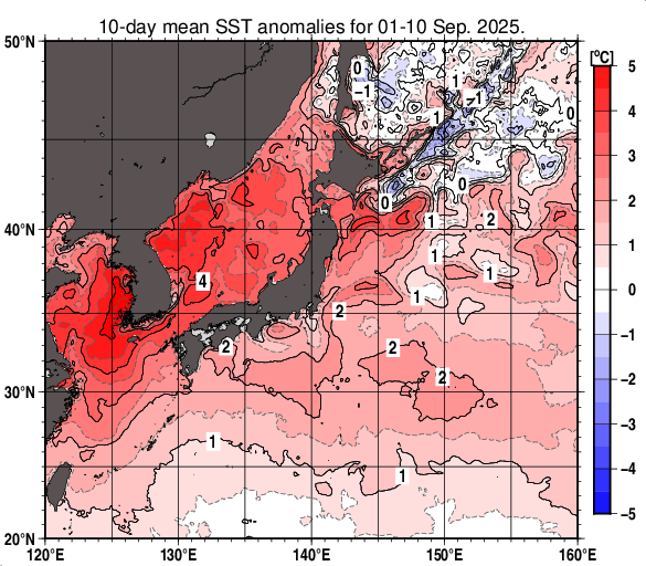 日本近海の旬平均海面水温平年差分布図（2025年9月上旬）