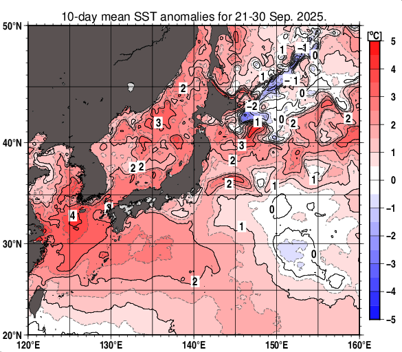 日本近海の旬平均海面水温平年差分布図（2025年9月下旬）