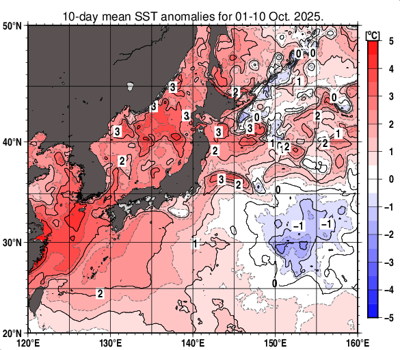 日本近海の旬平均海面水温平年差分布図（2025年10月上旬）