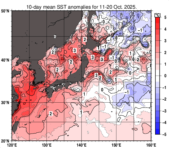 日本近海の旬平均海面水温平年差分布図（2025年10月中旬）
