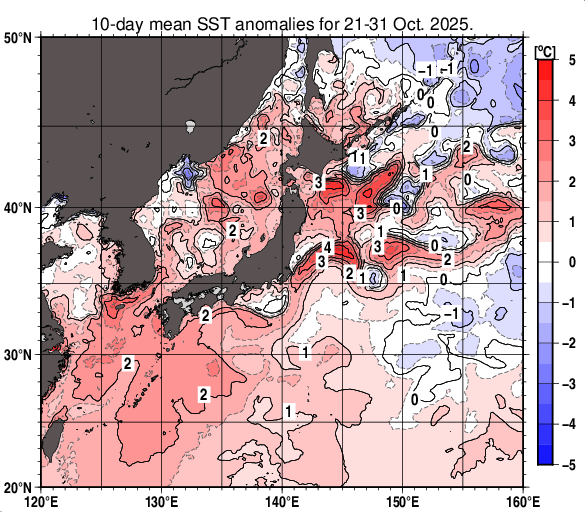 日本近海の旬平均海面水温平年差分布図（2025年10月下旬）