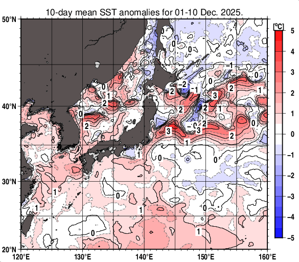 日本近海の旬平均海面水温平年差分布図（2025年12月上旬）