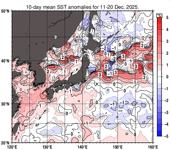 日本近海の旬平均海面水温平年差分布図（2025年12月中旬）