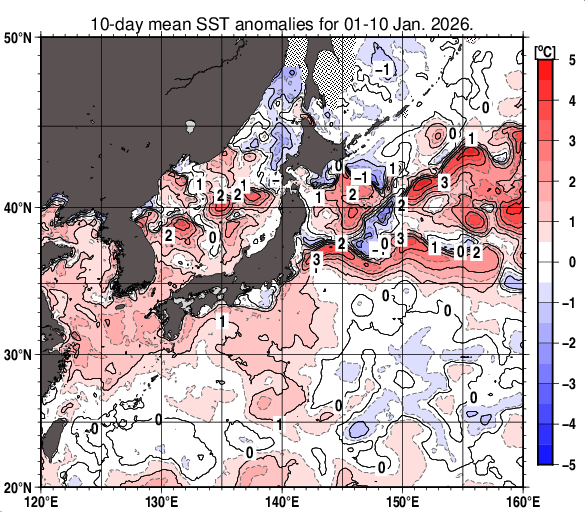 日本近海の旬平均海面水温平年差分布図（2026年1月上旬）