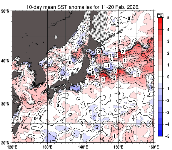 日本近海の旬平均海面水温平年差分布図（2026年2月中旬）