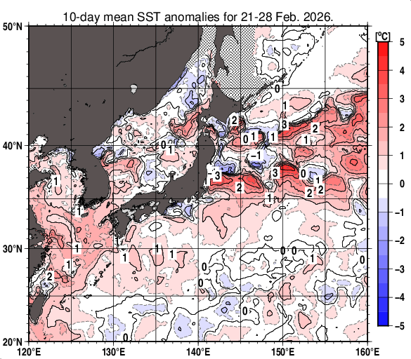 日本近海の旬平均海面水温平年差分布図（2026年2月下旬）