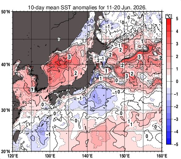 日本近海の旬平均海面水温平年差分布図（2026年6月中旬）