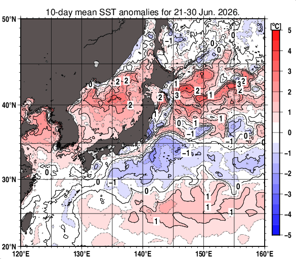 日本近海の旬平均海面水温平年差分布図（2026年6月下旬）