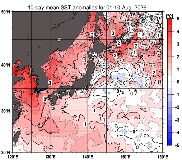 日本近海の旬平均海面水温平年差分布図（2026年8月上旬）
