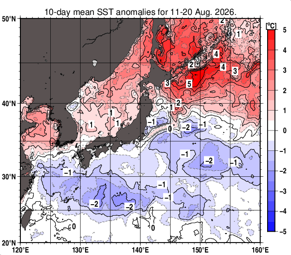 日本近海の旬平均海面水温平年差分布図（2026年8月中旬）