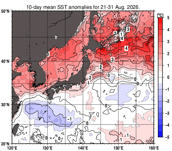 日本近海の旬平均海面水温平年差分布図（2026年8月下旬）