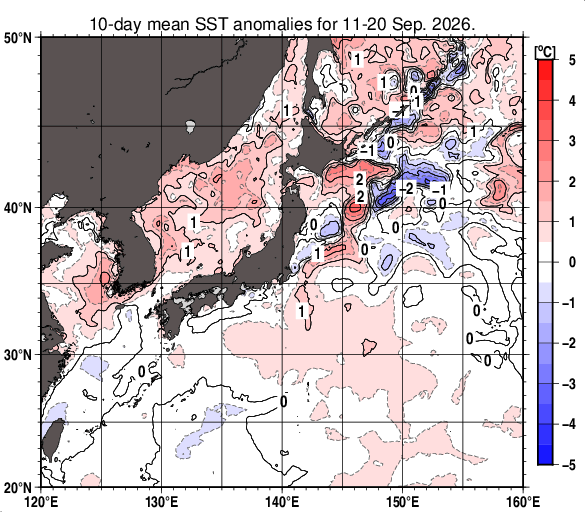 日本近海の旬平均海面水温平年差分布図（2026年9月中旬）