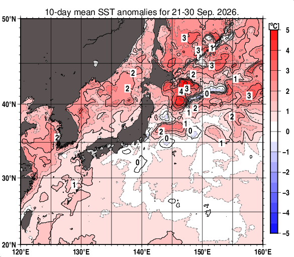 日本近海の旬平均海面水温平年差分布図（2026年9月下旬）
