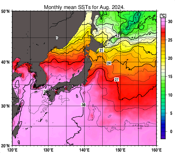 日本近海の月平均海面水温分布図（2024年8月）